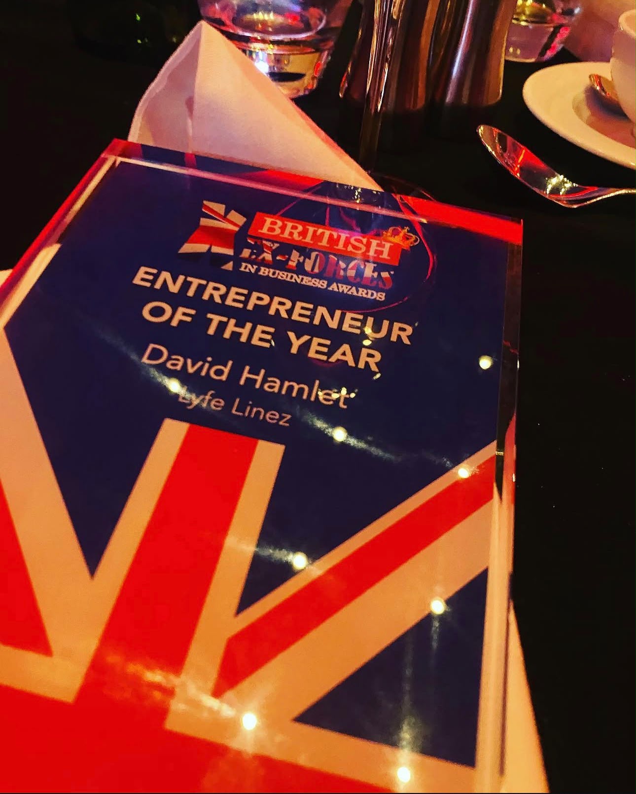 British Ex-Forces in Business Awards trophy: Entrepreneur of the Year, David Hamlet, Lyfe Linez.