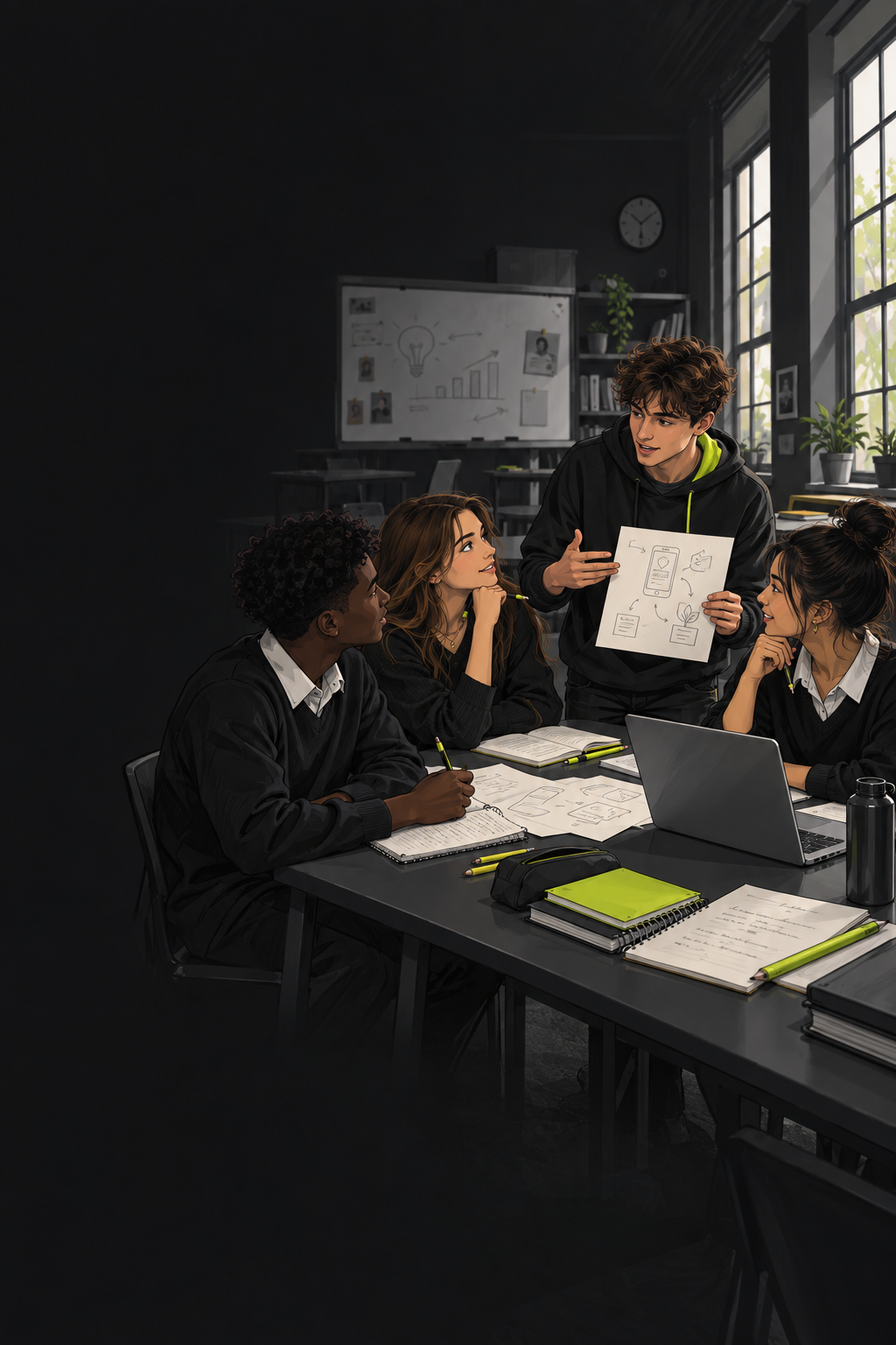 Illustration of students working on a business idea together in a school classroom