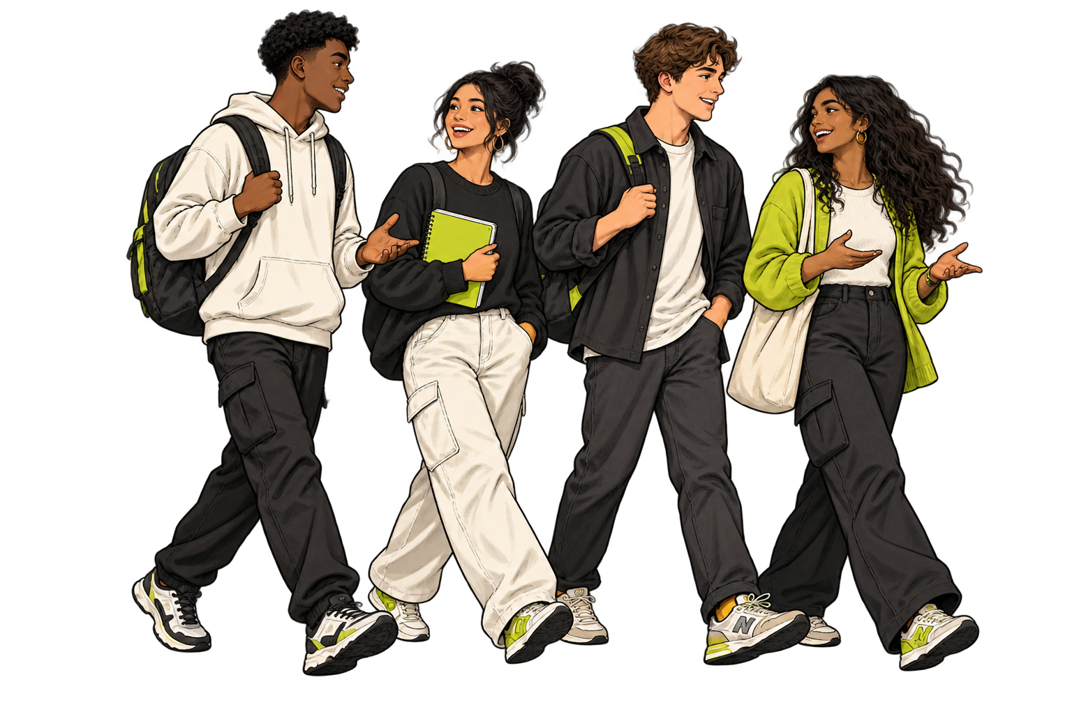 Four illustrated young people with backpacks, talking as they walk together